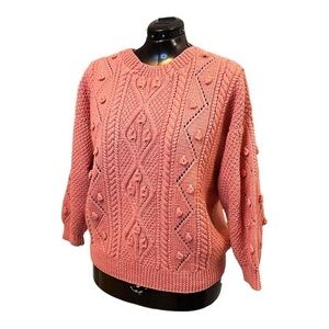 Hand Knit Bobbles & Twists Chunky Crew Neck Pull Over Sweater